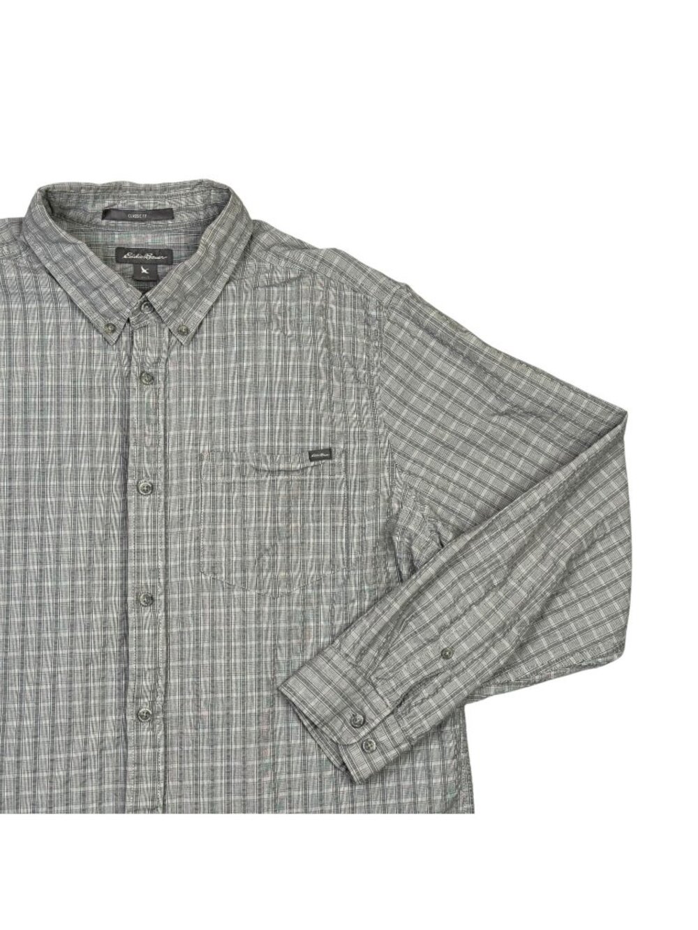 Eddie Bauer Seersucker Shirt Mens Large L Gray Plaid Long Sleeve Button Down